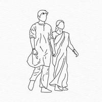 indisk bengali par gående på väg bär panjabi och sharee linje konst illustration vektor