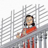 ein wenig Mädchen im ein rot Kleid steht auf ein Balkon und sieht aus aus von ein Käfig. vektor