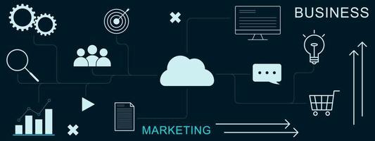 Geschäft Marketing Hintergrund mit Symbole, Wagen, Blase Plaudern, Wolke, Diagramm, dokumentieren auf dunkel Hintergrund. Vektor Illustration.