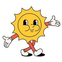 komisch glücklich Karikatur Sonne mit Strahlen. Kinder- Charakter, 70er Jahre Stil. positiv und gut Schwingungen, Hippies vektor