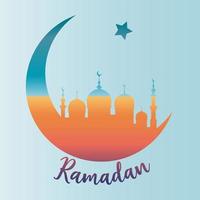 ramadan begrepp i halvmåne måne form med arabicum islamic moské för helig månad av muslim gemenskap festival firande, vektor färgrik silhuett isolerat på blå bakgrund
