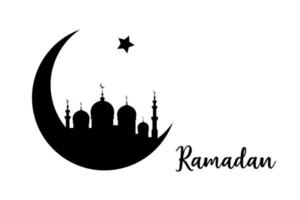 ramadan begrepp i halvmåne måne form med arabicum islamic moské för helig månad av muslim gemenskap festival firande, vektor svart silhuett isolerat på vit bakgrund