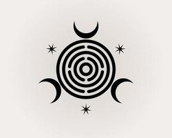 heilig Geometrie, verdreifachen Göttin von Hexerei spirituell greco römisch. Hexe Wicca Siegel, mystisch Labyrinth, verdreifachen Halbmond Mond, schwarz Logo Design Vektor isoliert auf Weiß Hintergrund