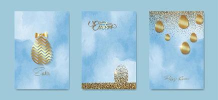 einstellen Karte glücklich Ostern Gold Textur, Luxus Blau Aquarell Hintergrund. Ostern Urlaub Einladungen Vorlagen Sammlung mit Hand gezeichnet Beschriftung und Gold Ostern Eier. Vektor Mode Illustration