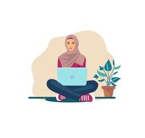 Hijab Frau sitzt auf dem Boden mit einem Laptop vektor