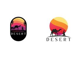 arab logotyp husvagn kameler i öken- sanddyner på beige Färg guld sand under varm Sol i cirkel vågig mönster bakgrund vektor