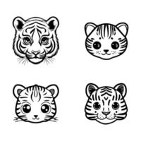 söt anime tiger huvud logotyp samling uppsättning hand dragen linje konst illustration vektor