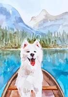 Weiß Hund samoyed im das Boot auf das See mit Berge Aussicht Aquarell Natur Illustration vektor