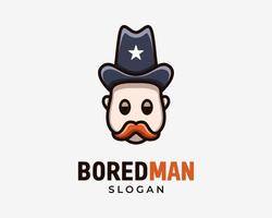 Karikatur Maskottchen komisch alt Mann Schnurrbart Kerl Western Sheriff Texas gelangweilt müde faul Vektor Logo Design