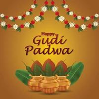 glad gudi padwa eller glad ugadi gratulationskort med traditionell kalash vektor