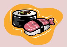 Hand gezeichnet Sushi und sashimi. asiatisch Essen Sushi. Sushi Illustration mit Forelle Fisch, Lachs im modisch Minimalismus Stil. vektor