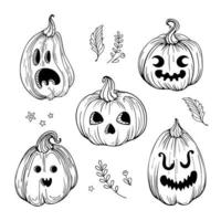 Vektor Grafik Gekritzel Illustration einstellen im Jahrgang Stil zum Halloween. Kürbis - - Schädel, Geist, Jack-o -Laterne. Herbst Gemüse und Blätter. zum Aufkleber, Poster, Postkarten, Design Elemente, tätowieren