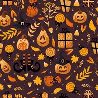 halloween ljus sömlös vektor mönster. pumpa Pumpalykta, häxa hatt, randig strumpor, skor, klubba, gåvor, höst löv. för barnkammare, tapet, utskrift på tyg, omslag, bakgrund.