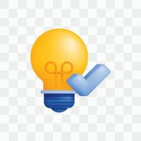 3d Symbol realistisch machen Stil von Lampe oder Licht Birne mit groß Blau Tick Symbol, Metapher von Ideen und Gedanken im Ausbildung, Umfrage Fragebogen. Abstimmung oder Umfrage. können Sein benutzt zum Webseiten, Apps, Anzeigen vektor