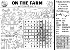 vektor på de bruka svart och vit ordsökning pussel för ungar. enkel bruka ord Sök linje frågesport med Land landskap. aktivitet med ko, jordbrukare, ladugård. korsa ord färg sida med by scen