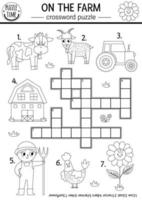 Vektor auf das Bauernhof schwarz und Weiß Kreuzworträtsel Puzzle zum Kinder. einfach Bauernhof Linie Quiz zum Kinder. Land lehrreich Aktivität mit Kuh, Bauer, Traktor, Scheune. ländlich Dorf Kreuz Wort Färbung Seite