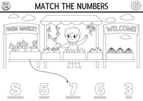 Spiel das Zahlen Bauernhof schwarz und Weiß Spiel mit Bauernhof Markt Verkäufer. ländlich Land Mathematik Aktivität zum Vorschule Kinder. auf das Bauernhof lehrreich druckbar Zählen Arbeitsblatt oder Färbung Seite vektor