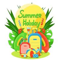 uppsättning resesaker, uppsättning föremål för sommarsemester, resväska, kosmetisk väska, kamera och solskyddsmedel, vektorillustration i platt stil, sommarsemester. vektor