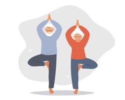 ein Paar von Alten Menschen tun Yoga, meditieren, Stand auf einer Bein. alt Menschen führen aktiv, gesund Leben. Vektor Grafik.