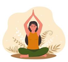 das Mädchen sitzt im ein Lotus Position, erziehen ihr Hände oben über ihr Kopf. Frau tun Yoga. Vektor Grafik.