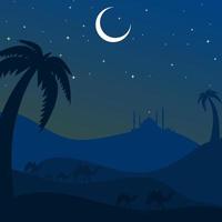 Illustration von Ramadan kareem mit Moschee Silhouette und Sternenlicht, Mond und Kamel, Hintergrund Geschäft Etikett, Einladung Vorlage, Sozial Medien, usw. Ramadan kareem thematisch eben Vektor Illustration.