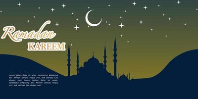 ramadan kareem illustration med moské silhuett och starlight och måne, bakgrund företag märka, inbjudan mall, social media, etc. ramadan kareem tema platt vektor illustration.