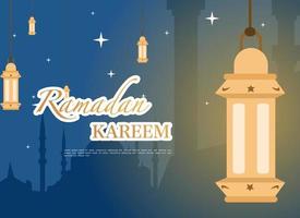 illustration av ramadan kareem med moské silhuett och stjärnljus, måne och lykta, bakgrund företag märka, inbjudan mall, social media, etc. ramadan kareem tema platt vektor illustration