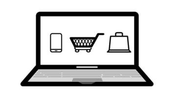 Einkaufen online Laptop mit Handy, Mobiltelefon Telefon, Wagen Wagen, und Einkaufen Tasche im eben Linie Vektor Illustration Design