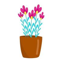lila kleine Blumen in einem braunen Topf, Zimmerpflanzen, Hauptblumen im Karikaturstil, Vektorobjekt, Hand zeichnen, weißen Hintergrund isolieren. vektor