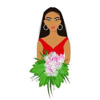 flicka i rött med en bukett blommor i händerna, vacker afro kvinna med smink, vacker kvinnlig avatar, vektorillustration i platt stil. vektor