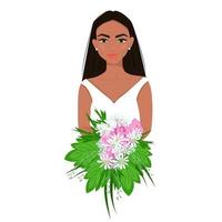 flicka i vitt med en bukett blommor i händerna, vacker afro kvinna med smink, vacker kvinnlig avatar, vektorillustration i platt stil. vektor