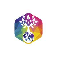 Globus und Hand Baum Vektor Logo Design. Natur und Erde Pflege Konzept.