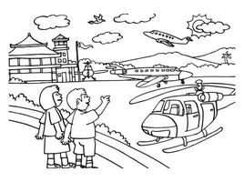 Vektor Illustration von das Kinder sind beim das Flughafen und suchen beim das Ebene. geeignet zum Färbung Buch, Färbung Seiten, Poster, usw