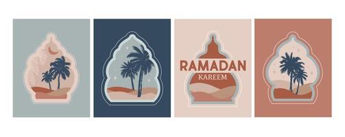 ramadan. samling av orientalisk stil islamic fönster, handflatan träd, kaktus och öken- vektor