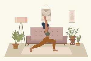 yogaflicka hemma. vektorillustration av en flicka i en yogaställning. ritad i platt stil. ett vykort för yogamiljön. vektor illustration