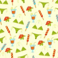 nahtloses Muster mit Sommerartikeln für Urlaub, Badeanzug, Cocktail, Eiscreme, tropische Blume, Vektordruck im Cartoon-Stil, flach. vektor