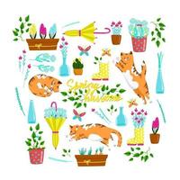 Sammlung von Frühlingselementen mit Katzen in verschiedenen Posen, Satz von schönen Frühlingsblumen und -kompositionen, Blumenvektorobjekte im Karikaturstil, rote fette Katze. vektor