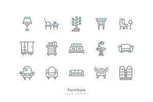 einstellen von Möbel Symbole mit einfach Linie Stil. enthält Lampe, Stuhl, Tisch, Schrank, Kleiderschrank, Bücherregal, Bett, Spiegel und Mehr vektor