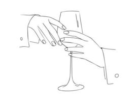 skön kvinna händer innehav en glas av vin, vektor illustration i linjekonst stil.