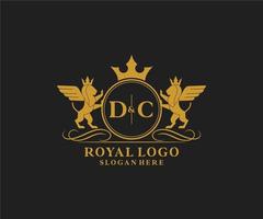 första dc brev lejon kunglig lyx heraldisk, vapen logotyp mall i vektor konst för restaurang, kungligheter, boutique, Kafé, hotell, heraldisk, Smycken, mode och Övrig vektor illustration.