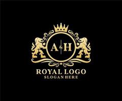första ah brev lejon kunglig lyx logotyp mall i vektor konst för restaurang, kungligheter, boutique, Kafé, hotell, heraldisk, Smycken, mode och Övrig vektor illustration.