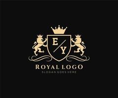 första ey brev lejon kunglig lyx heraldisk, vapen logotyp mall i vektor konst för restaurang, kungligheter, boutique, Kafé, hotell, heraldisk, Smycken, mode och Övrig vektor illustration.