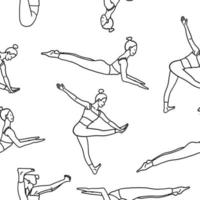 yoga poser sömlös mönster. kvinna, lady, kvinna, flicka. meditation, pilates, mental hälsa, Träning, textur. vektor illustration i översikt tecknad serie platt stil isolerat på vit bakgrund.