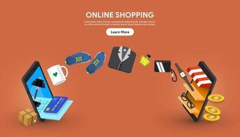 online shopping som händer mellan två smartphones vektor