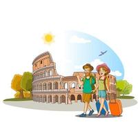 söt familj gående på semester till Italien och bakgrund coliseium vektor illustration