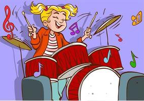 söt liten flicka spela trumma i konsert tecknad serie vektor