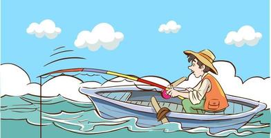 fiskare Sammanträde i de båt, vektor illustration multyashnaya komisk, röd skäggig man sittande fiskare med en fiske stång i de båt på de flod, jakt för fisk, fiske på de vatten