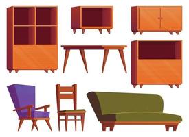 Möbel Artikel im Karikatur Stil. Sammlung von hölzern Kleiderschrank, Stuhl, Tabelle und Sessel Vektor Illustration isoliert auf Weiß