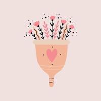 Hand gezeichnet Menstruation- Tasse mit Blumen und Blätter vektor