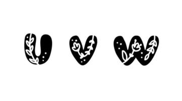 Vintage Blumen kühne Buchstaben UVW Logo Frühling. klassische Sommerbuchstaben-Designvektoren mit schwarzer Farbe und Blumenhand gezeichnet mit Monolinmuster vektor